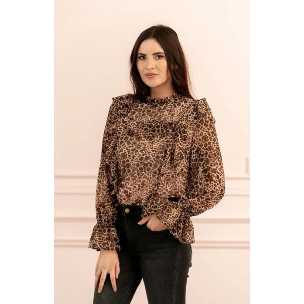 ANTHRO Rachel Parcell Leopard Print Ruffled High Neck Blouse XS Top Boho Neutral